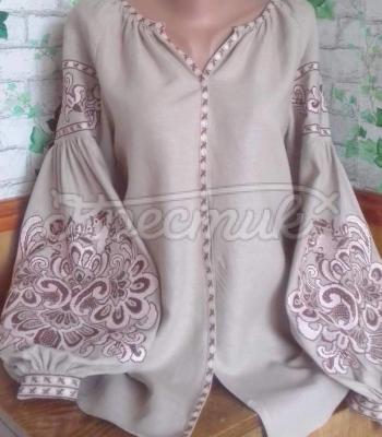 Кофейная женская вышиванка на льне "Ваниль" фото Крестик