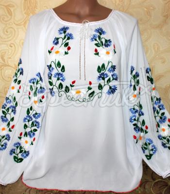 Женская вышиванка на шифоне "Ромашки и Волошки" фото