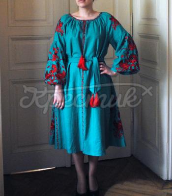 Льняное вышитое платье "Птицы счастья" фото