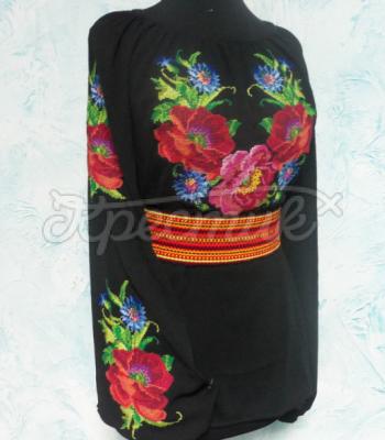 Черная женская вышиванка на шифоне "Алые цветы"  купить в интернет-магазине