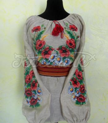 Украинская вышиванка на льне "Полевые цветы" фото