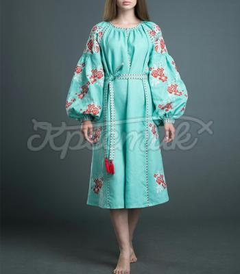 Вышитое платье бохо "Цветочный ментол" фото