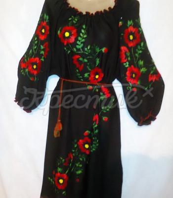 Маковое черное женское вышитое платье