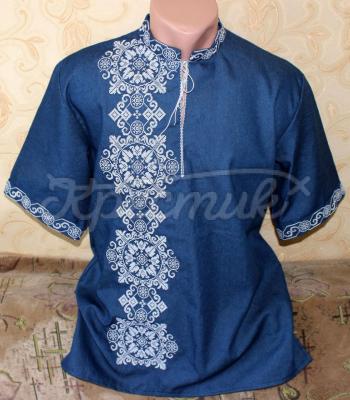 Синяя мужская вышиванка  "Геометрика" фото
