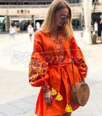 Яркое платье бохо на льне "Апельсин" фото