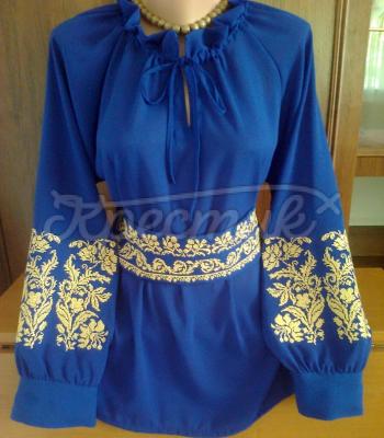 Женская вышиванка на синем шифоне "Патриотическая" фото Крестик Киев