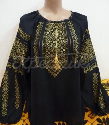 Черная женская вышиванка "Шелковая идилия" с золотистой вышивкой