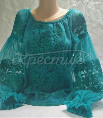 Стильная бирюзовая вышиванка из евро сетки "Мелоди" фото вышиванки